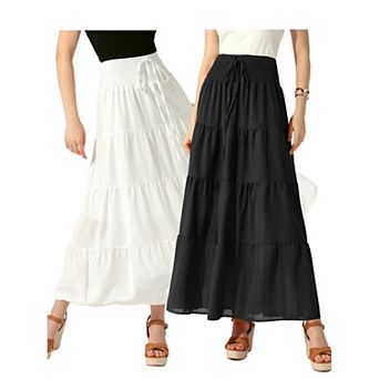 2 Packs Women's Boho Skirts Summer Smocked Elastic Waist Tiered A-Line Beach Maxi Skirt