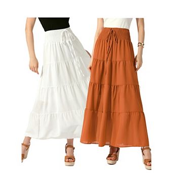 2 Packs Women's Boho Skirts Summer Smocked Elastic Waist Tiered A-Line Beach Maxi Skirt