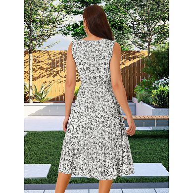 2 Packs Women's Summer Boho Dresses V Neck Sleeveless Floral Flowy Tiered Midi Sundress with Pockets