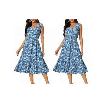 2 Packs Women's Summer Boho Dresses V Neck Sleeveless Floral Flowy Tiered Midi Sundress with Pockets