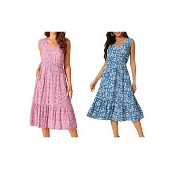 2 Packs Women's Summer Boho Dresses V Neck Sleeveless Floral Flowy Tiered Midi Sundress with Pockets