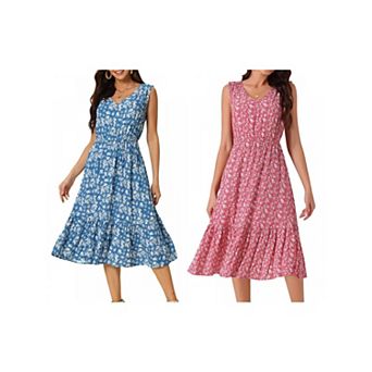 2 Packs Women's Summer Boho Dresses V Neck Sleeveless Floral Flowy Tiered Midi Sundress with Pockets