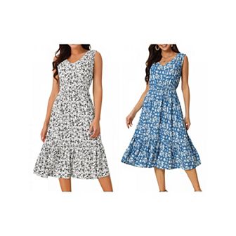 2 Packs Women's Summer Boho Dresses V Neck Sleeveless Floral Flowy Tiered Midi Sundress with Pockets