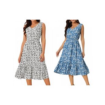 2 Packs Women's Summer Boho Dresses V Neck Sleeveless Floral Flowy Tiered Midi Sundress with Pockets