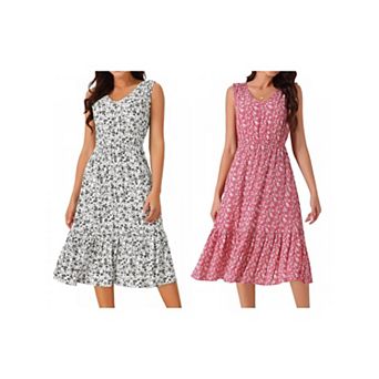 2 Packs Women's Summer Boho Dresses V Neck Sleeveless Floral Flowy Tiered Midi Sundress with Pockets