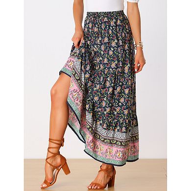 2 Packs Women's Boho Skirt Casual Floral Printed Elastic Waist Maxi Skirts