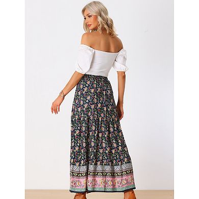2 Packs Women's Boho Skirt Casual Floral Printed Elastic Waist Maxi Skirts