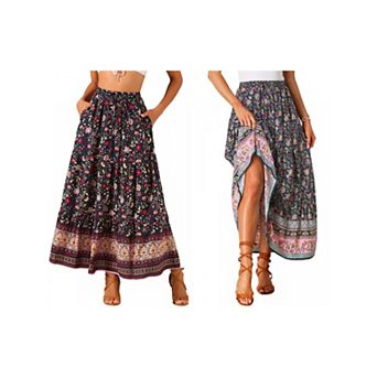 2 Packs Women's Boho Skirt Casual Floral Printed Elastic Waist Maxi Skirts