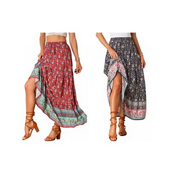 2 Packs Women's Boho Skirt Casual Floral Printed Elastic Waist Maxi Skirts