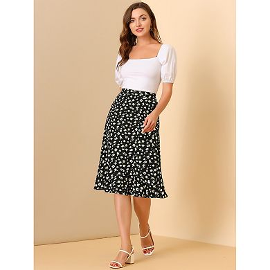 2 Packs Women's Floral Prints Ruffle Hem Elastic Waist Split Midi Skirt