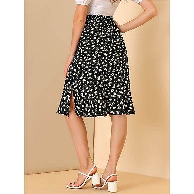 2 Packs Women's Floral Prints Ruffle Hem Elastic Waist Split Midi Skirt
