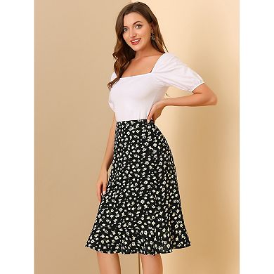 2 Packs Women's Floral Prints Ruffle Hem Elastic Waist Split Midi Skirt