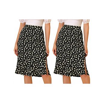 2 Packs Women's Floral Prints Ruffle Hem Elastic Waist Split Midi Skirt