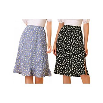 2 Packs Women's Floral Prints Ruffle Hem Elastic Waist Split Midi Skirt