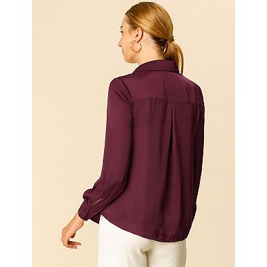 2 Packs Women's Elegant Solid V Neck Smooth Satin Long Sleeve Blouse