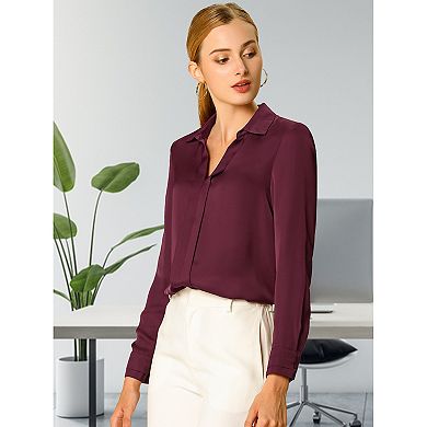 2 Packs Women's Elegant Solid V Neck Smooth Satin Long Sleeve Blouse