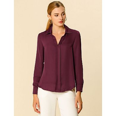 2 Packs Women's Elegant Solid V Neck Smooth Satin Long Sleeve Blouse