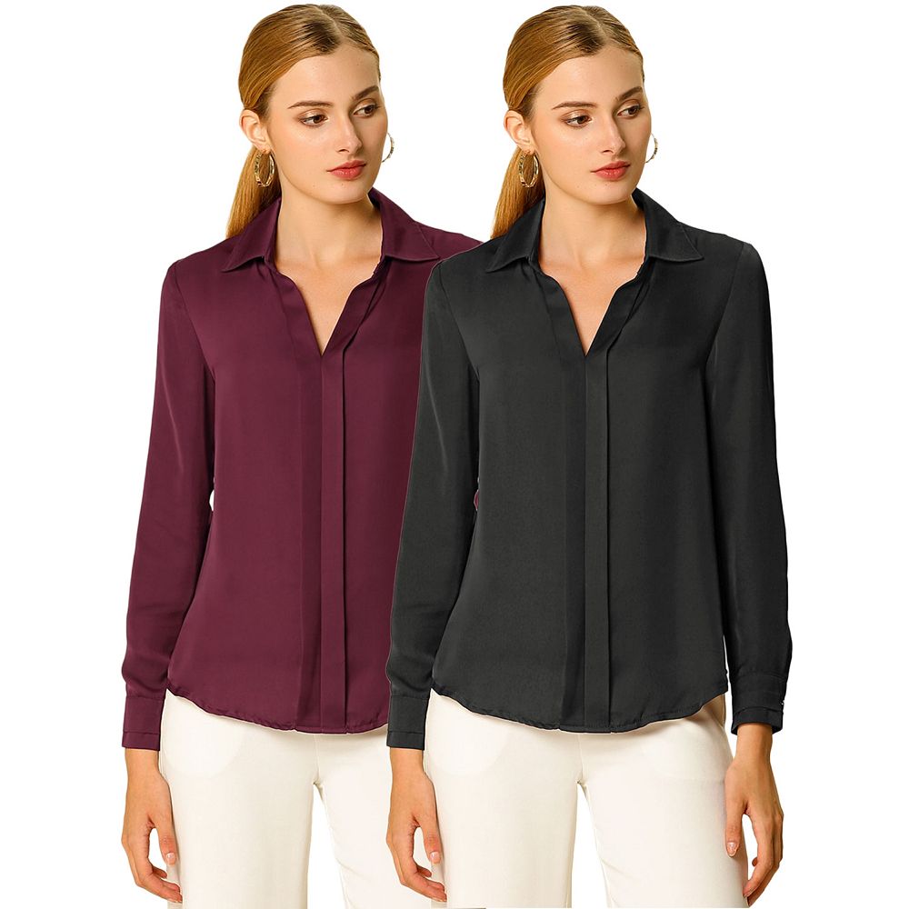 2 Packs Women's Elegant Solid V Neck Smooth Satin Long Sleeve Blouse