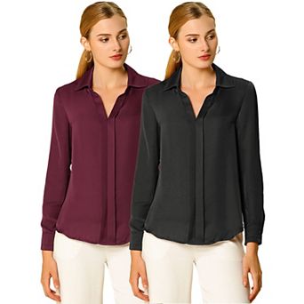2 Packs Women's Elegant Solid V Neck Smooth Satin Long Sleeve Blouse