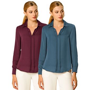 2 Packs Women's Elegant Solid V Neck Smooth Satin Long Sleeve Blouse