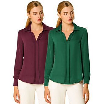 2 Packs Women's Elegant Solid V Neck Smooth Satin Long Sleeve Blouse