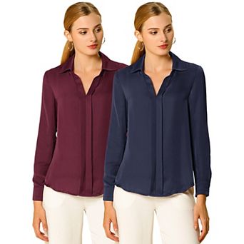 2 Packs Women's Elegant Solid V Neck Smooth Satin Long Sleeve Blouse