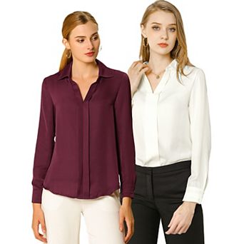 2 Packs Women's Elegant Solid V Neck Smooth Satin Long Sleeve Blouse