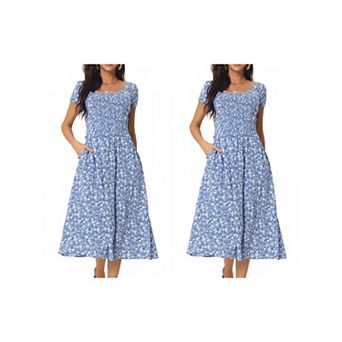 2 Packs Women's Casual Floral Dress with Pockets Crewneck Cap Sleeve Boho Flowy Midi Sun Dresses