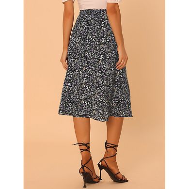 2 Packs Women's Peasant Elastic Waist A-Line Leave Print Midi Skirt