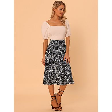 2 Packs Women's Peasant Elastic Waist A-Line Leave Print Midi Skirt