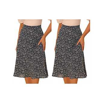 2 Packs Women's Peasant Elastic Waist A-Line Leave Print Midi Skirt
