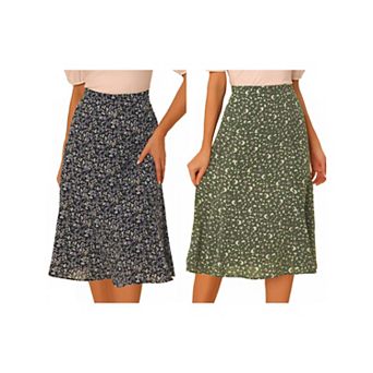 2 Packs Women's Peasant Elastic Waist A-Line Leave Print Midi Skirt