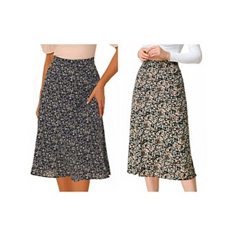 2 Packs Women's Peasant Elastic Waist A-Line Leave Print Midi Skirt