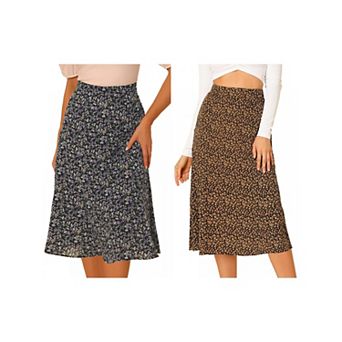2 Packs Women's Peasant Elastic Waist A-Line Leave Print Midi Skirt