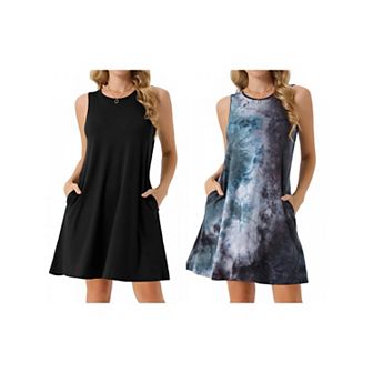 2 Packs Women's Summer Dresses Tie Dye Tank Dress Sleeveless Loose Tshirt Sundress with Pockets