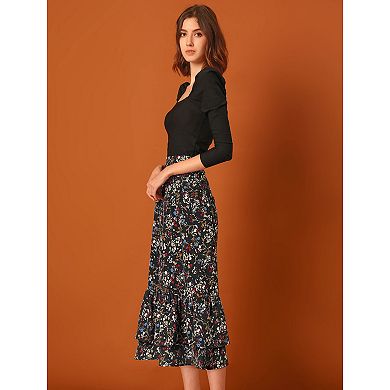 2 Packs Women's Floral Print Elastic Waist Ruffle Hem Midi Skirt