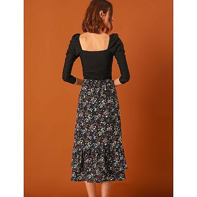 2 Packs Women's Floral Print Elastic Waist Ruffle Hem Midi Skirt