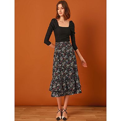 2 Packs Women's Floral Print Elastic Waist Ruffle Hem Midi Skirt