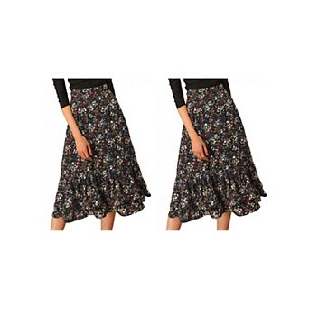 2 Packs Women's Floral Print Elastic Waist Ruffle Hem Midi Skirt