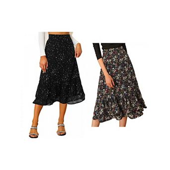 2 Packs Women's Floral Print Elastic Waist Ruffle Hem Midi Skirt