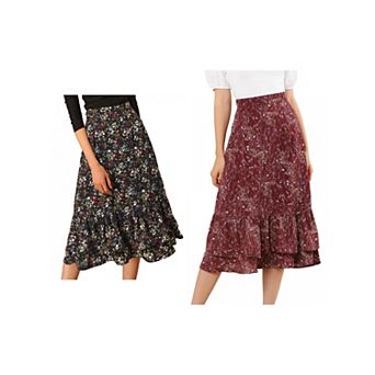 2 Packs Women's Floral Print Elastic Waist Ruffle Hem Midi Skirt