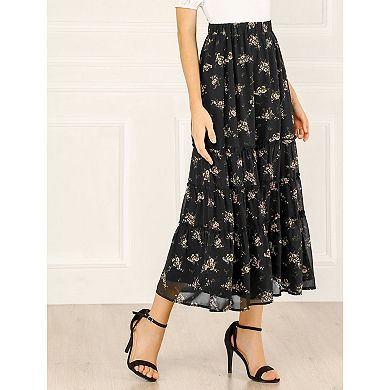 2 Packs Women's Floral Print Elastic Waist Ruffle Maxi Tiered Skirt