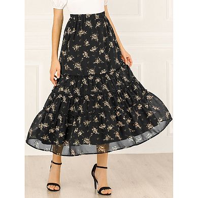 2 Packs Women's Floral Print Elastic Waist Ruffle Maxi Tiered Skirt