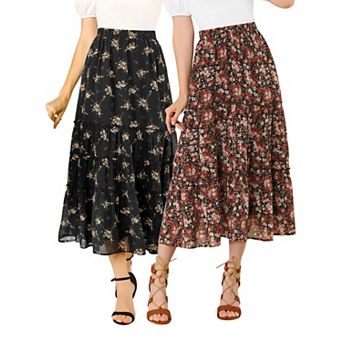 2 Packs Women's Floral Print Elastic Waist Ruffle Maxi Tiered Skirt