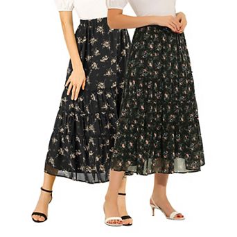 2 Packs Women's Floral Print Elastic Waist Ruffle Maxi Tiered Skirt
