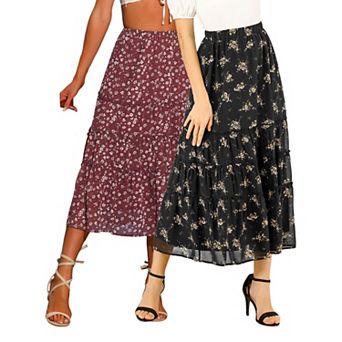 2 Packs Women's Floral Print Elastic Waist Ruffle Maxi Tiered Skirt