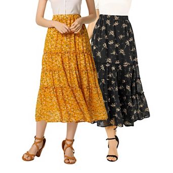 2 Packs Women's Floral Print Elastic Waist Ruffle Maxi Tiered Skirt