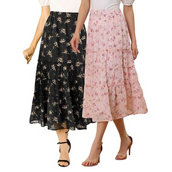 2 Packs Women's Floral Print Elastic Waist Ruffle Maxi Tiered Skirt