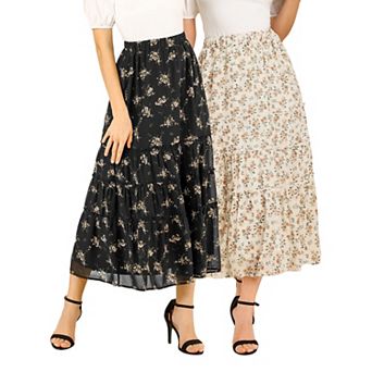 2 Packs Women's Floral Print Elastic Waist Ruffle Maxi Tiered Skirt