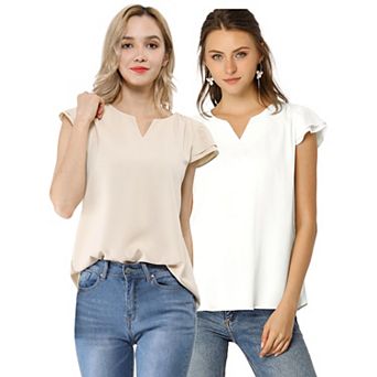 2 Packs Women's V Neck Work Casual Cap Sleeve Blouse Top